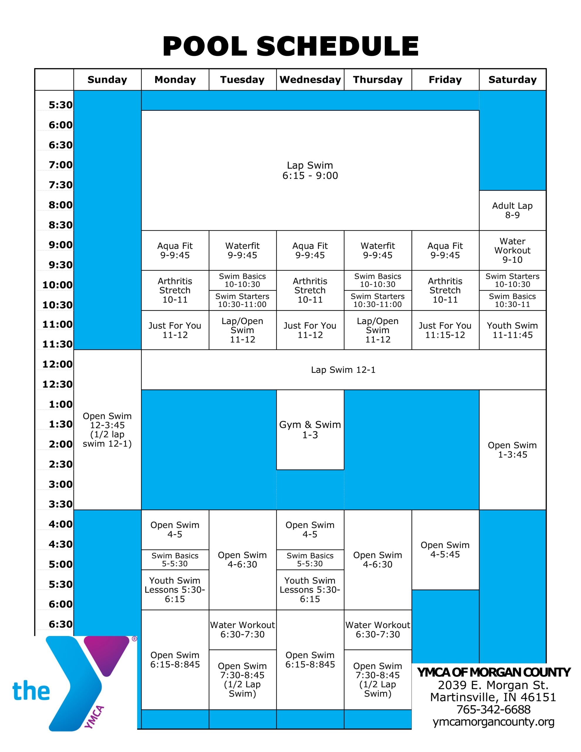 Pool Schedule YMCA of County