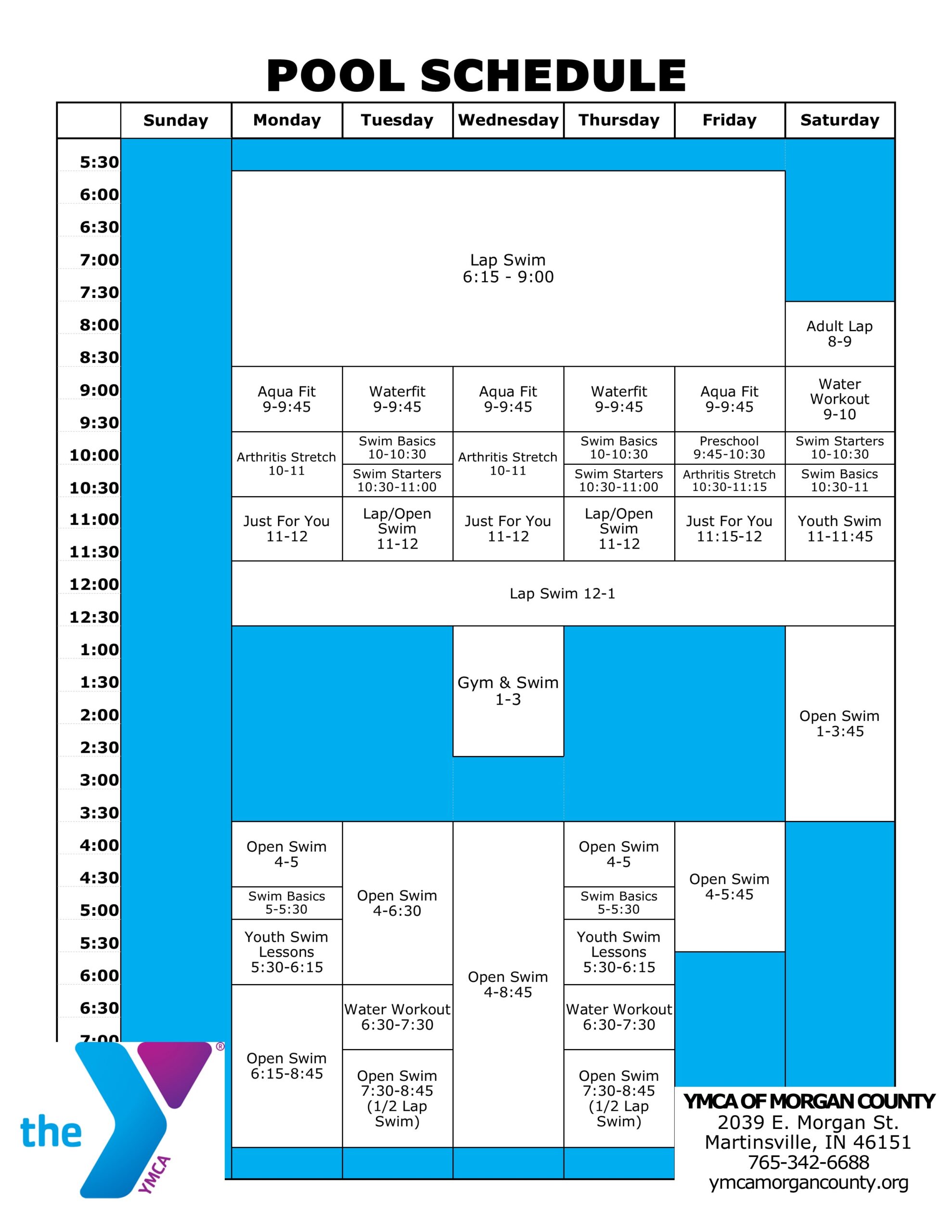 Pool Schedule YMCA of County